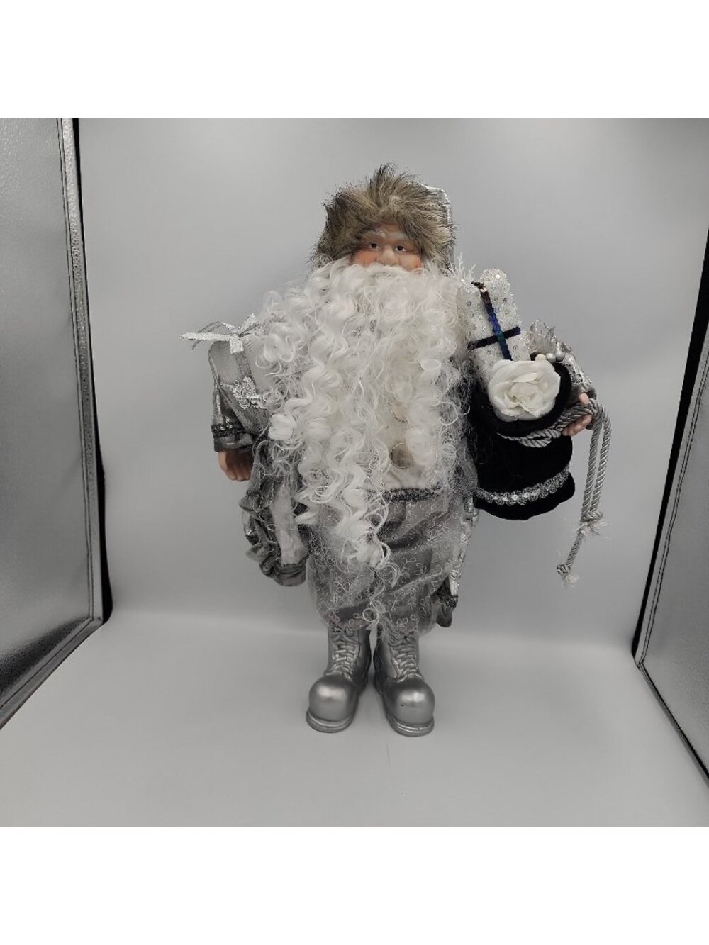 18” Porcelain Face/Hands Gray Trimmed Silver Santa Standing Figure Christmas